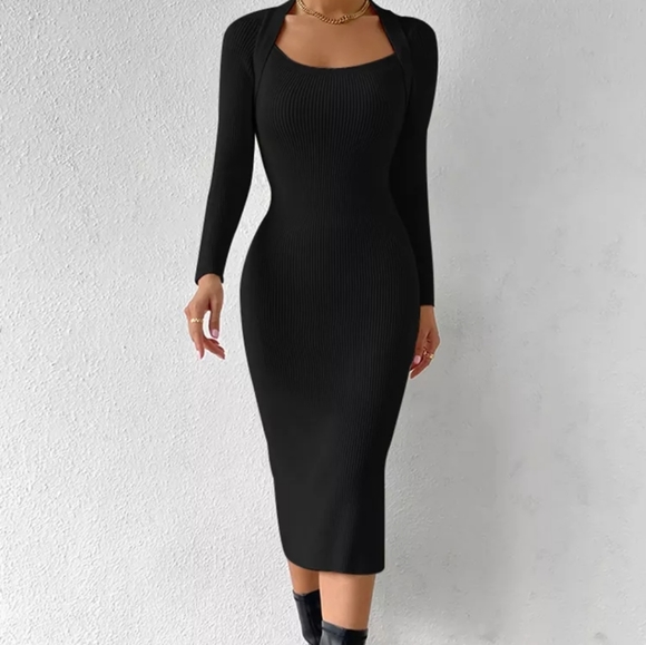 Square Neck Long Sleeve Ribbed Knit Side Slit Midi Dress - Picture 4 of 13